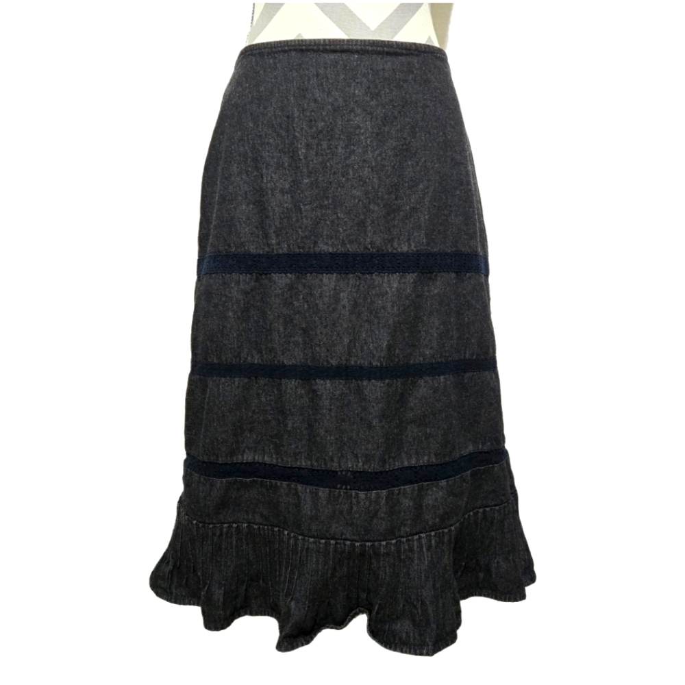 LOFT Denim Midi Skirt Charcoal Grey Tiered Lace Ruffle Hem Whimsigoth Boho